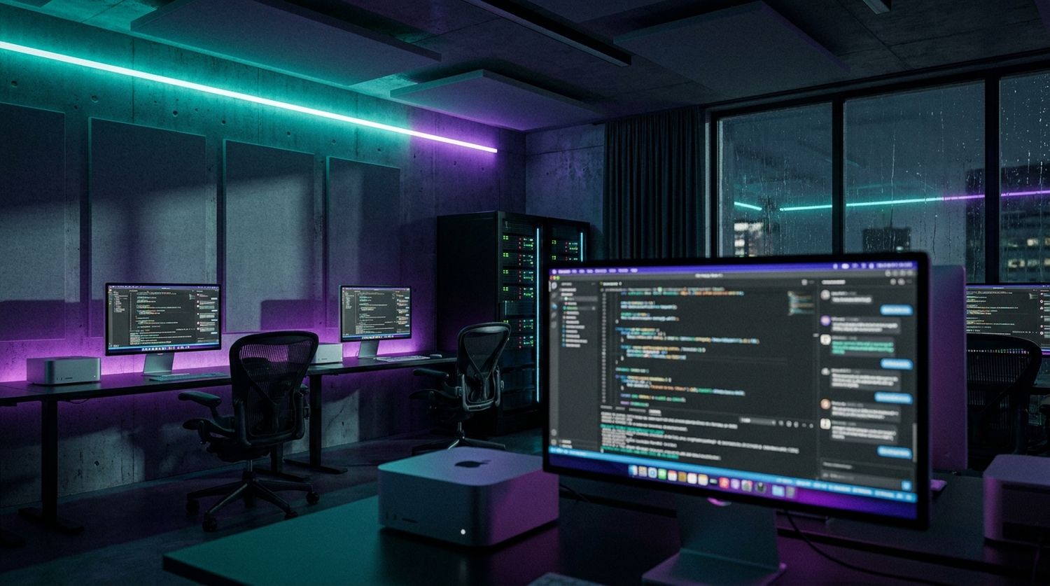 Studio IA : Mac Studio et écrans, lumière néon